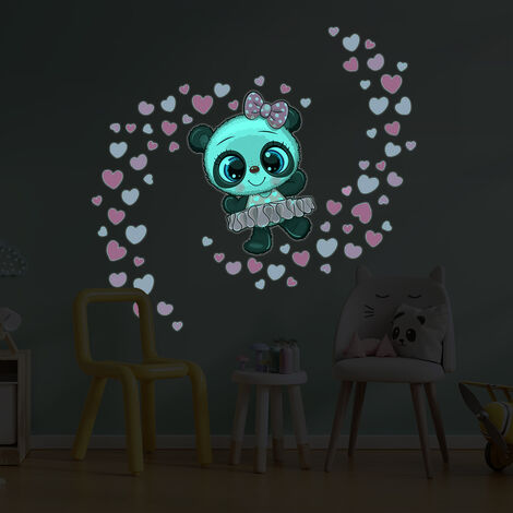 Sticker phosphorescent lumineux - PANDA BALLERINE ET 70 CŒURS - Autocollant mural plafond enfant fluorescent - 30x30cm (1/5)