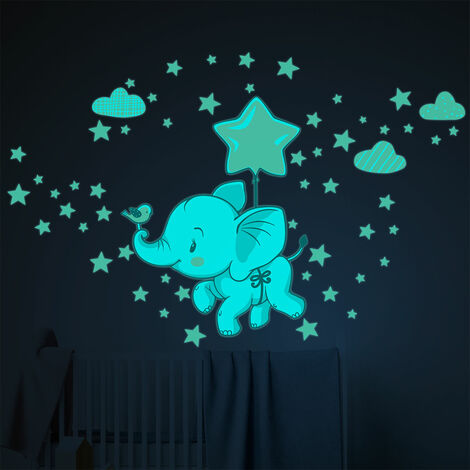 Sticker phosphorescent lumineux - ÉLÉPHANTS JOYEUX DANS LES NUAGES + 120 ÉTOILES - Autocollant mural plafond enfant - 40x30cm (1/5)
