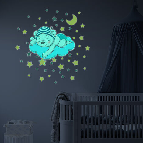 Sticker phosphorescent lumineux - OURSON RÊVEUR ET 50 ÉTOILES - Autocollant mural plafond enfant fluorescent - 20x25cm (1/5)