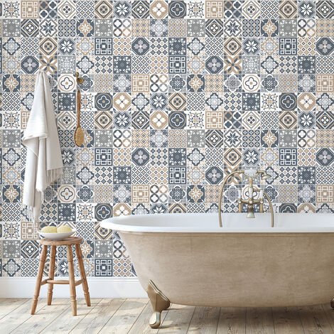 Sticker Mural Carrelage adhésif Cuisine Salle de Bain - 60 STICKERS CARREAUX DE CIMENT GEOLINA - 60stickers15x15cm (1/5)
