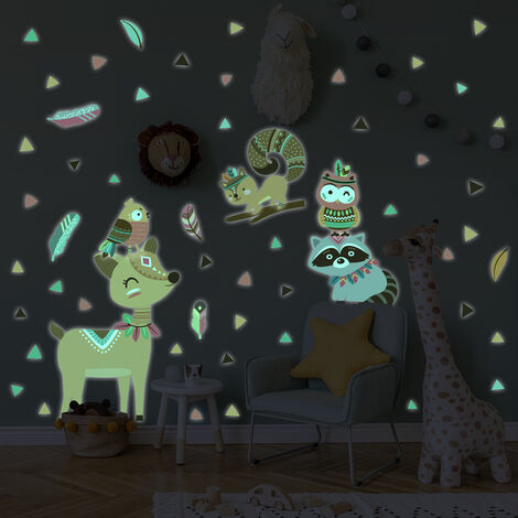 Sticker phosphorescent lumineux - ANIMAUX INDIENS DES BOIS - Autocollant mural plafond enfant fluorescent - 55x40cm (1/5)