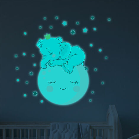 Sticker phosphorescent lumineux - ENFANT BÉBÉ ÉLÉPHANT SUR LA LUNE ET 30 ÉTOILES - Autocollant mural plafond enfant - 40x30cm (1/5)