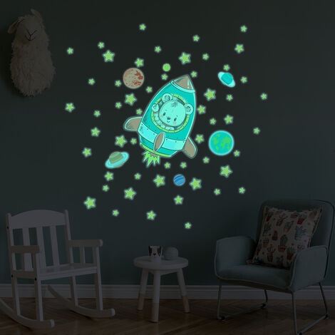Sticker phosphorescent lumineux - OURSON ASTRONAUTE + 50 ÉTOILES - Autocollant mural plafond enfant fluorescent - 30x30cm (1/5)