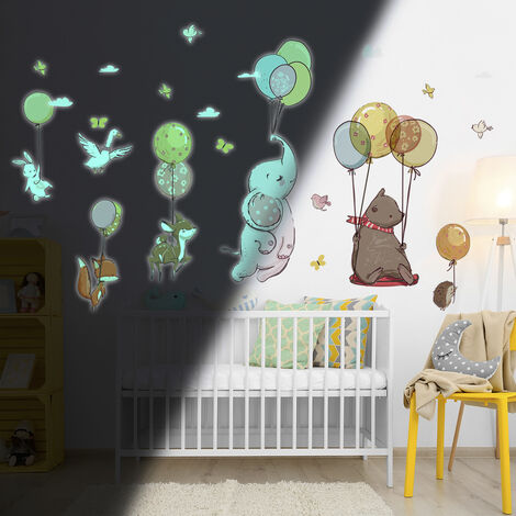 Sticker phosphorescent lumineux - ANIMAUX ET BALLONS DANS LES AIRS - Autocollant mural plafond enfant fluorescent - 40x30cm (1/5)