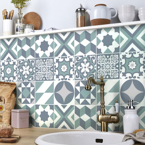 Sticker Mural Carrelage adhésif Cuisine Salle de Bain - 9 STICKERS CARREAUX DE CIMENT AZULEJOS ALUZZO - 9stickers10x10cm (1/5)