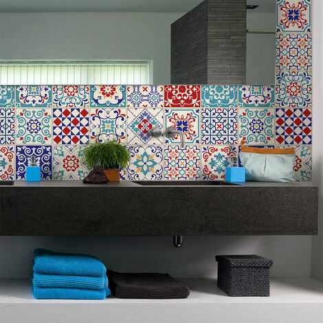 Sticker Mural Carrelage adhésif Cuisine Salle de Bain - 30 STICKERS CARREAUX DE CIMENT AZULEJOS LEOTINA - 30stickers10x10cm (1/5)