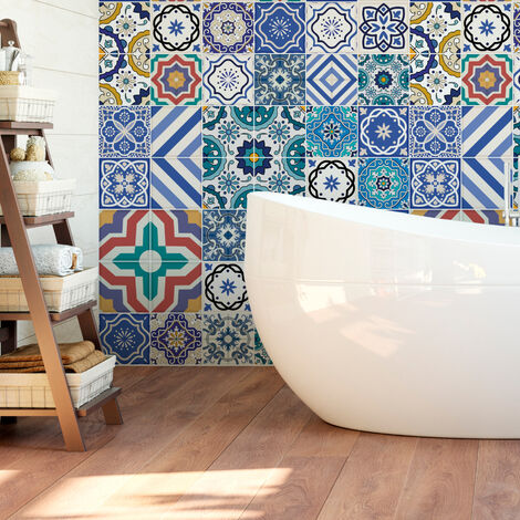 Sticker Mural Carrelage adhésif Cuisine Salle de Bain - 60 STICKERS CARREAUX DE CIMENT AZULEJOS FLORA - 60stickers20x20cm (1/5)