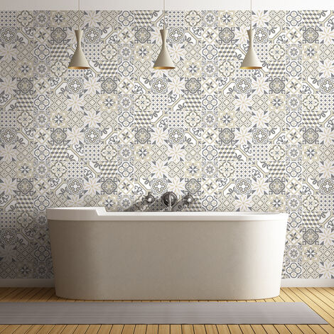 Sticker Mural Carrelage adhésif Cuisine Salle de Bain - 60 STICKERS CARREAUX DE CIMENT AZULEJOS BAVARO - 60stickers10x10cm (1/5)