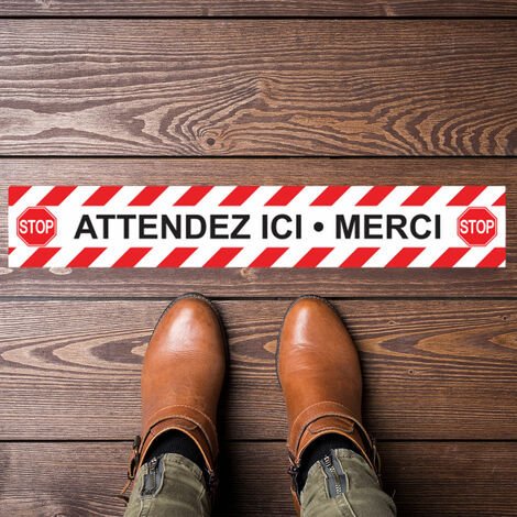 Stickers Sol Anti-dérapant avec Protection - SOL 6 BANDES STOP COVID ATTENDEZ ICI MERCI - 1 sticker de 60cmx60cm-6bandesde10cmx60cm