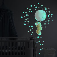 Sticker phosphorescent lumineux - RENARD ET SON BALLON + 60 FLEURS - Autocollant mural plafond enfant fluorescent - 80x100cm