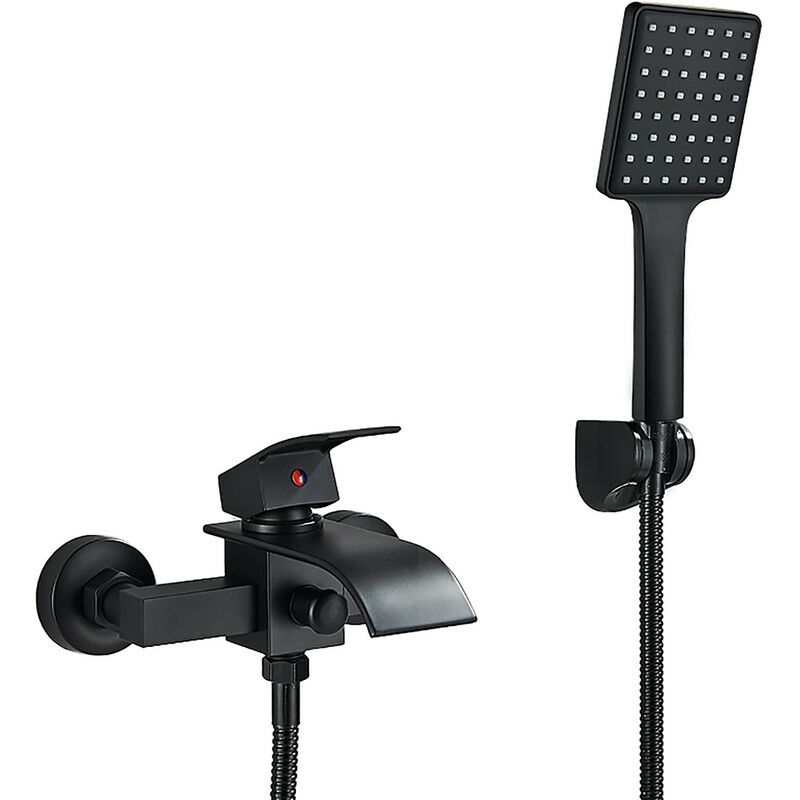 HEYMYTAP Rubinetto Lavabo Bagno Nero Opaco 3 Fori: Ottone Massiccio, Beccuccio A Cascata, 2 Maniglie, Scarico Pop-Up Incluso, 4-16 Pollici