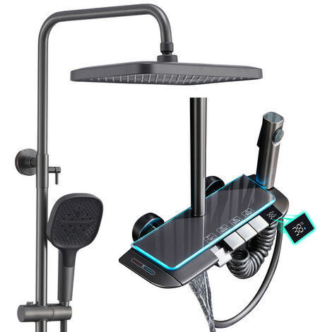Colonna Doccia Termostatico con Luce Ambientale a LED, Sistema Doccia Soffione Colonna 4 Funzioni con 34.9x22CM Soffione, Doccia a Mano, Colonna Doccia a Parete Regolabile Altezza, Grigio Pistola