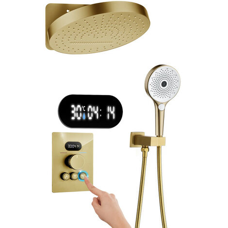 Set Doccia da Incasso Colonna Doccia Termostatica con Display Digitale, Sistema Doccia a Cascata e Pioggia con Testa Doccia Tondo 32cm, Doccetta 3 Funzioni, Ottone (Oro Spazzolato)