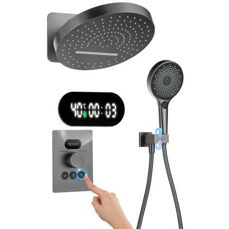 Set Doccia da Incasso Colonna Doccia Termostatica con Display Digitale, Sistema Doccia a Cascata e Pioggia con Testa Doccia Tondo 32cm, Doccetta 3 Funzioni, Ottone (Grigio)