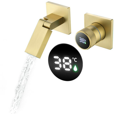 Rubinetto Bagno Oro Spazzolato Con Display Digitale a LED Miscelatore Lavabo Pieghevole a 180° Rubinetti Per Cascata Bagno Con Miscelazione Acqua Calda E Fredda Rubinetto Muro Lavabo (1/5)