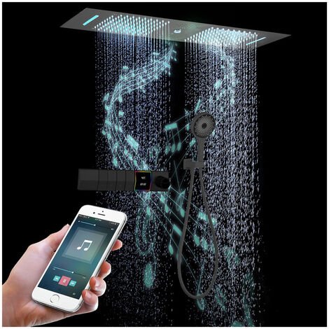 Sistema Doccia Termostatico Con Musica, 300x900mm LED 64 Colori 4 Funzioni Colonna Doccia A Incasso, Pioggia, Cascata, Colonna D'Acqua, Doccetta A 3 Funzioni,Corpo Termostatico In Ottone（Nero）