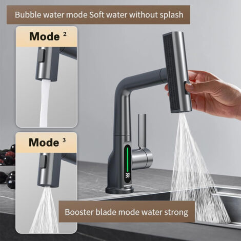 Rubinetto Bagno Con LED Temperatura E Doccetta Estraibile – 3 Modalità, Regolabile In Altezza, Nero Opaco, Senza Piombo
