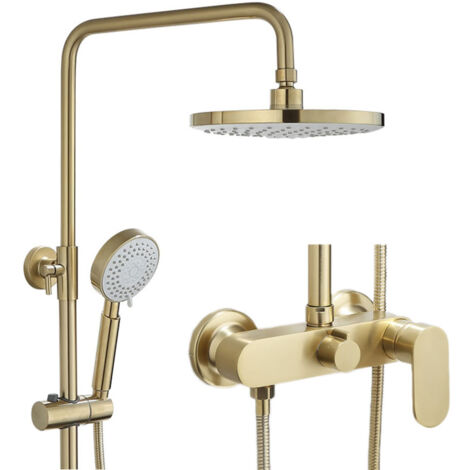 Colonna Doccia D'oro con Miscelatore Monocomando Altezza Regolabile Sistem di Doccia, Set da Doccia a Parete con 23CM ABS Rotondo Soffione, 3 Funzioni Doccetta