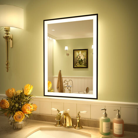 S'AFIELINA Miroir lumineux rectangulaire avec éclairage Miroir cosmétique  mural, interrupteur mural, lumière blanc chaud, 2 installations 50×70cm