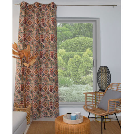 Douceur D'Intérieur – Rideau à motifs ethniques terracotta 130x240 cm – 50% coton 50% polyester – Œillets pour tringle – Lavable en machine à 30°