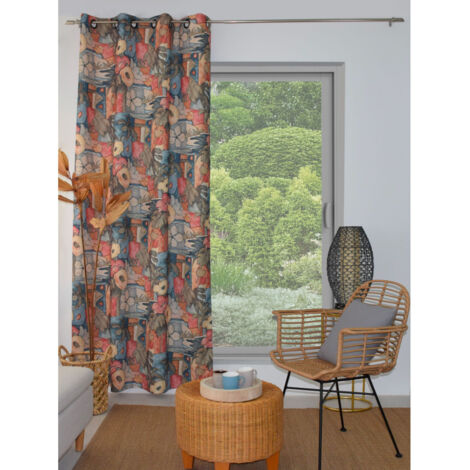 Rideau Imprimé Fleurs Graphiques – 140x240 cm – 100% Polyester - 140x240cm - Bleu canard