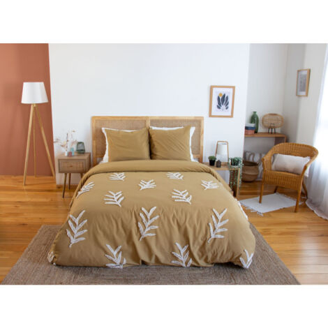 Parure de lit FEUILLU – 240x220 cm – Coton lavé tufté – 52 fils/cm² – Moutarde - 220x240cm - Moutarde