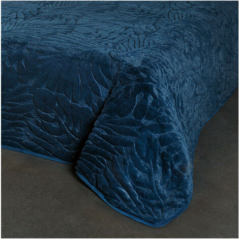 Dessus de lit feuillages polyester bleu marine 240x260cm GRAZIA