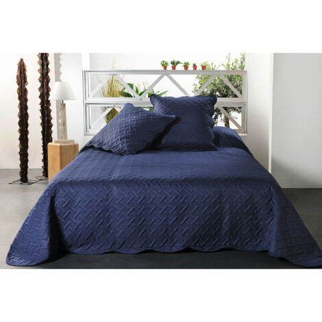 Boutis contemporain 230x250cm en 100% polyester – Finition ondulée – 2 taies carrées incluses – Bleu marine – Linder