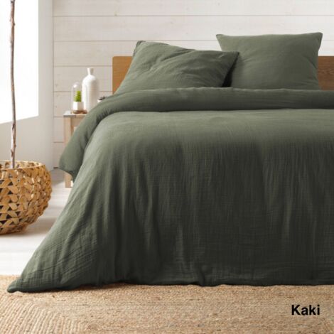 Douceur D'Intérieur – Parure de lit kaki en gaze de coton 240x220 cm – Housse de couette ultra-douce – 2 taies d'oreiller 63x63 cm – Lavable en machine