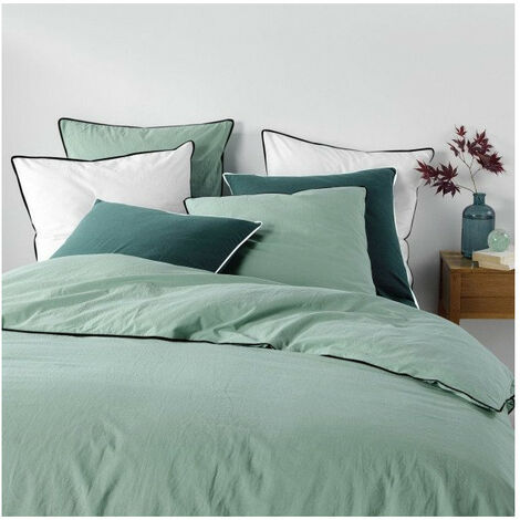 Douceur D'Intérieur – Parure de lit coton lavé 240x220 cm – Tissage 57 fils/cm² – Coloris sauge uni avec liseré noir – Certifiée Oeko-Tex®