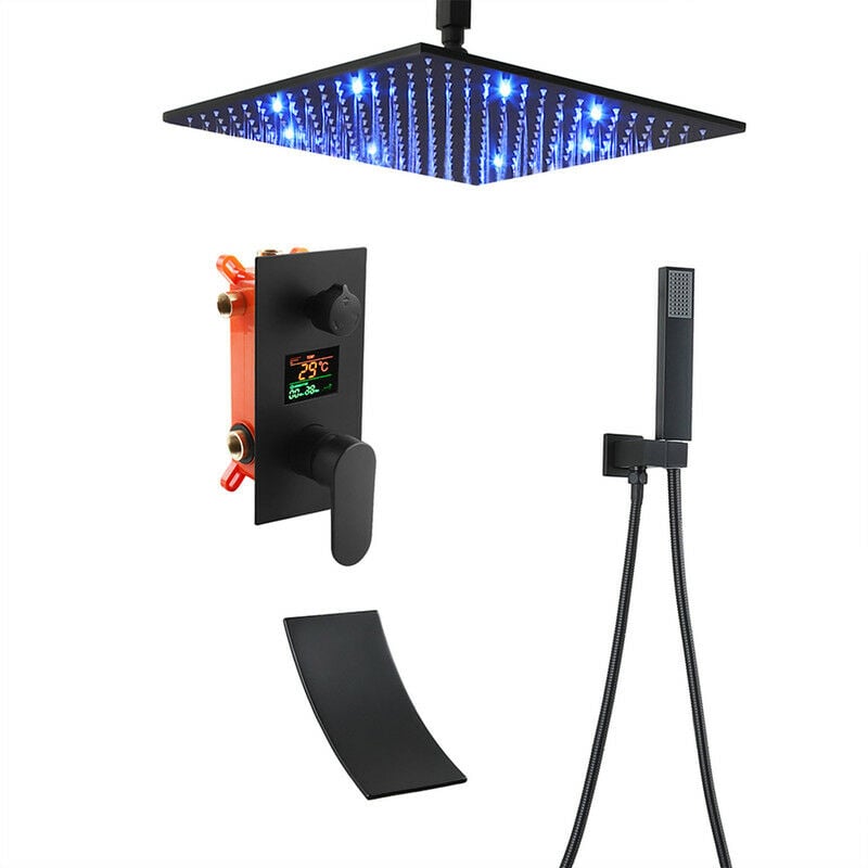 Sistema De Ducha pantalla digital negro conjunto montado en el techo columna set 40cm40cm led alcachofa mano cascada grifo bañera 40