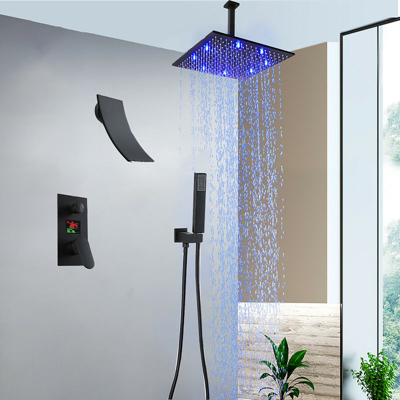 Columna de Panel de ducha negra, cabezal de ducha de lluvia y Cascada,  pantalla grande, luz azul, chorros de masaje, mezclador de grifo de ducha  de baño