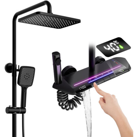 Columna Ducha Negro Termostatica LED Pantalla Digital Grifo De Ducha Con Tecla De Piano Sistema De Ducha Con Rociador Ducha, Ducha De Mano, Ducha Bidé, Grifo De Bañera, Montada En La Pared, Negro