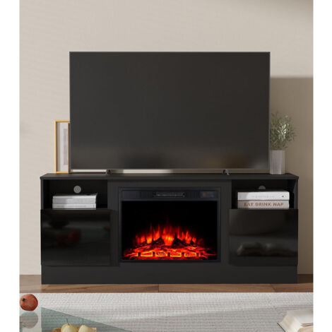 Mueble de TV de 147 cm de ancho con inserción de chimenea de 23», armario con puerta de realce, centro de entretenimiento multimedia con 2 estantes abiertos, mesa larga para sala de estar, negro