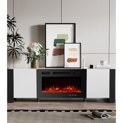 165cm Blanco Moderno Soporte de TV - con 900W/1800W Chimenea Eléctrica (12 Colores de Llama) y 2 Gabinetes