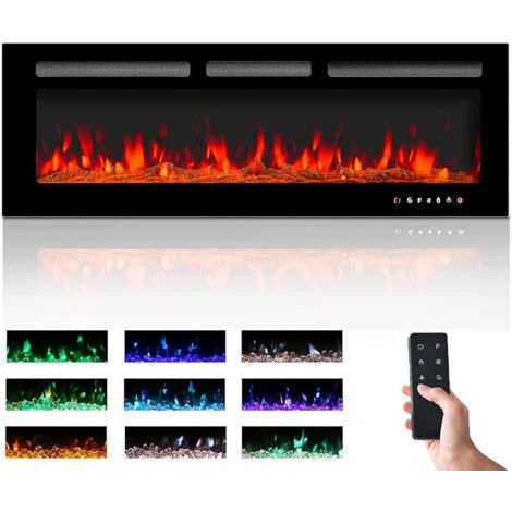 Chimenea eléctrica de gran simulación de llama de 50 pulgadas con mando a distancia táctil y panel de cristal, llama ajustable en nueve colores, montaje independiente en pared, negro