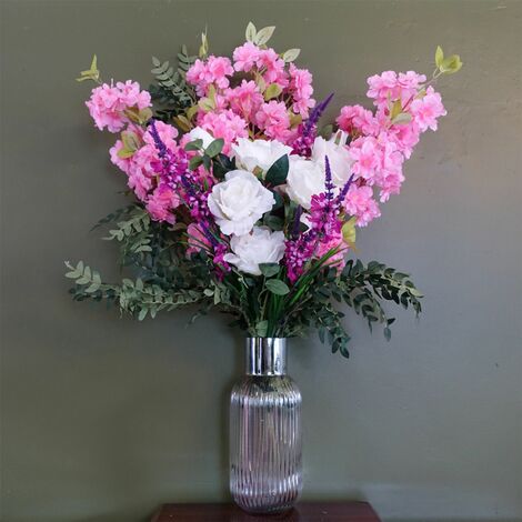 100cm Pink Blossom White Rose Arrangement Glass Vase (1/5)