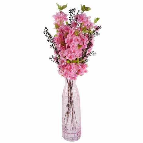 100cm Pink Artificial Blossom and Berries Glass Vase (1/4)