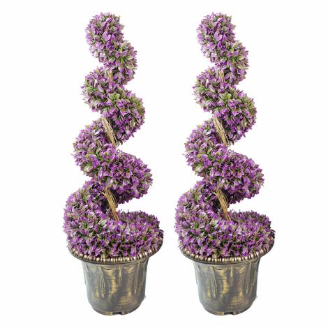 90cm Pair of Purple Large Leaf Spiral Topiary Trees with Decorative Planters (1/5)