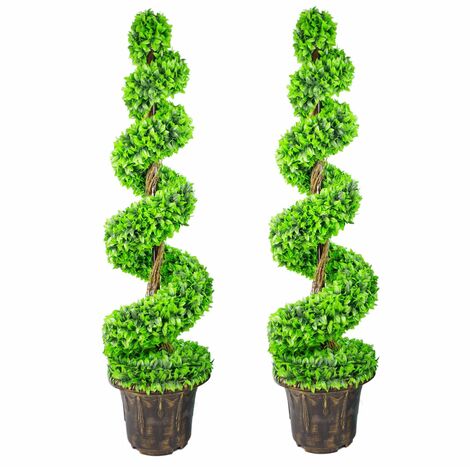 120cm Pair of Green Large Leaf Spiral Topiary Trees with Decorative Planters (1/5)