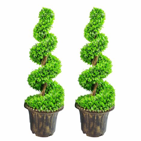 90cm Pair of Green Large Leaf Spiral  Topiary Trees with Decorative Planters (1/5)
