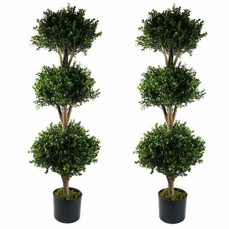 120cm Pair of Buxus Triple Ball Artificial Tree UV Resistant Outdoor Topiary (1/4)