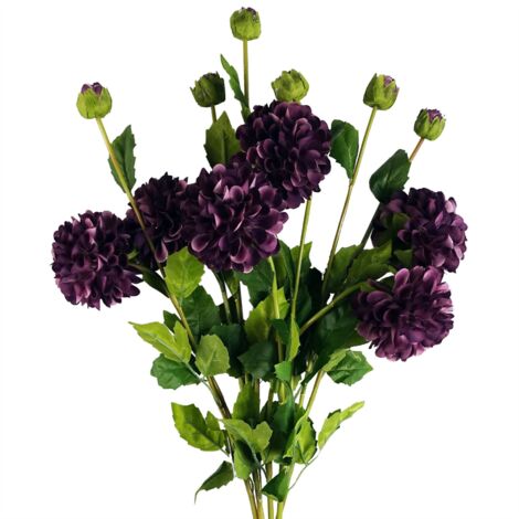 Pack of 6 x 75cm Artificial Dahlia PomPom Flower Stem Purple (1/4)