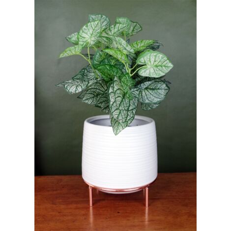 White Ceramic Planter Metal Stand Plant Pot