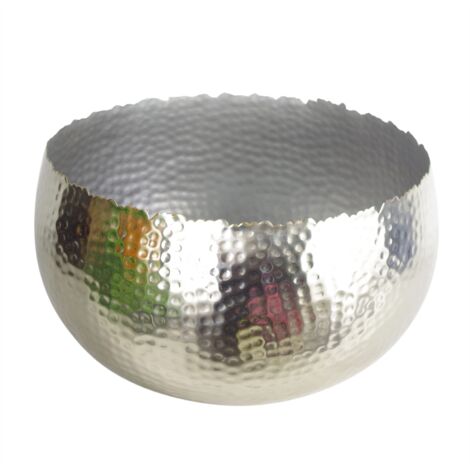XL Metal Bowl Planter 32 x 20cm Hammered Silver Colour Curvy Edge (1/4)