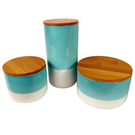 Set of Three Canisters Aqua Green Ceramic Storage Jars with Lids (1/5)