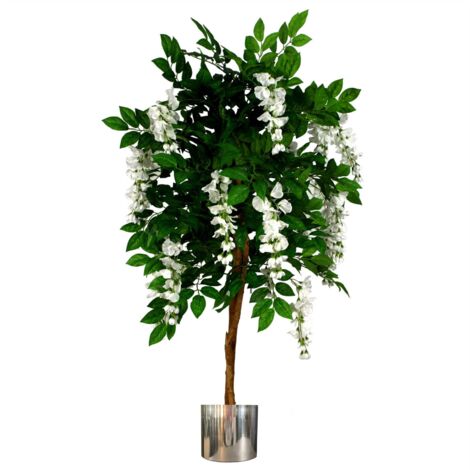 130cm Luxury Artificial Wisteria Tree White Flowers - Premium Range Silver Metal Planter (1/5)
