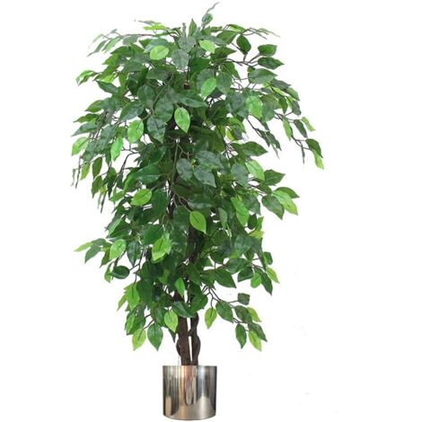 120cm Artificial Ficus Tree / Plant - Large Bushy Shape Silver Metal Planter (1/5)