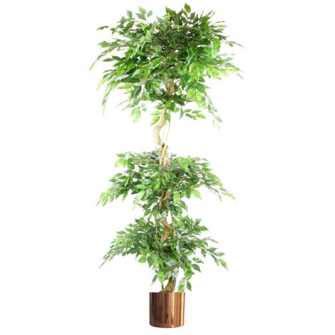 180cm Artificial Twisted Trunk Fruticosa Ficus Tree Triple Ball Topiary 1984 Leaves Copper Metal Planter (1/5)