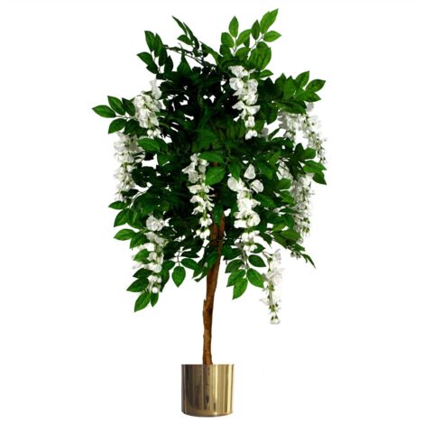 130cm Luxury Artificial Wisteria Tree White Flowers - Premium Range Gold Metal Planter (1/5)
